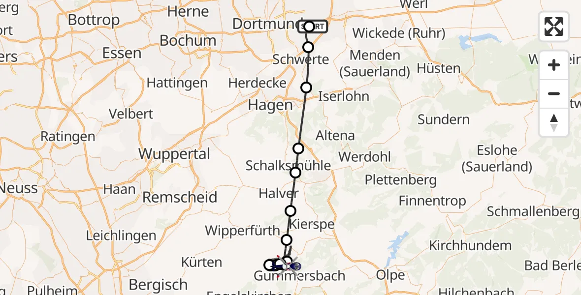 Flugroute Polizeihubschrauber Dortmund Flughafen - Gummersbach, 07 Juni 2026, 18:41