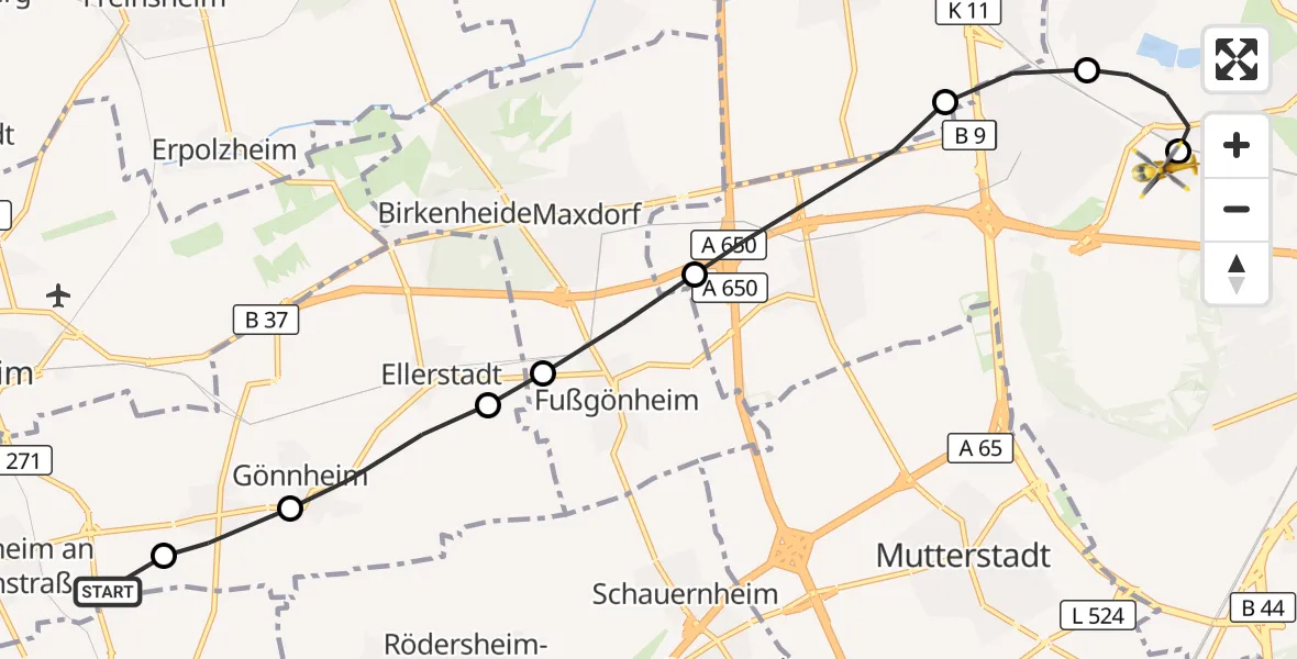 Flugroute Rettungshubschrauber Wachenheim an der Weinstraße - Ludwigshafen Accident Hospital, 07 Juni 2026, 18:49
