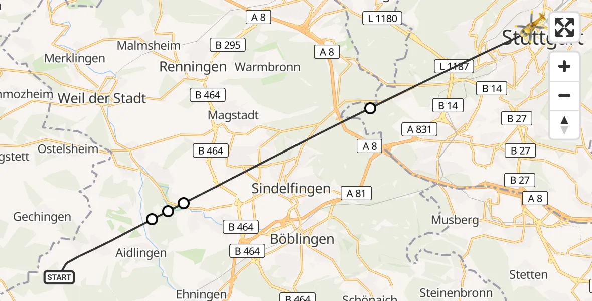 Flugroute Rettungshubschrauber Aidlingen - Stuttgart, 07 Juni 2026, 19:01