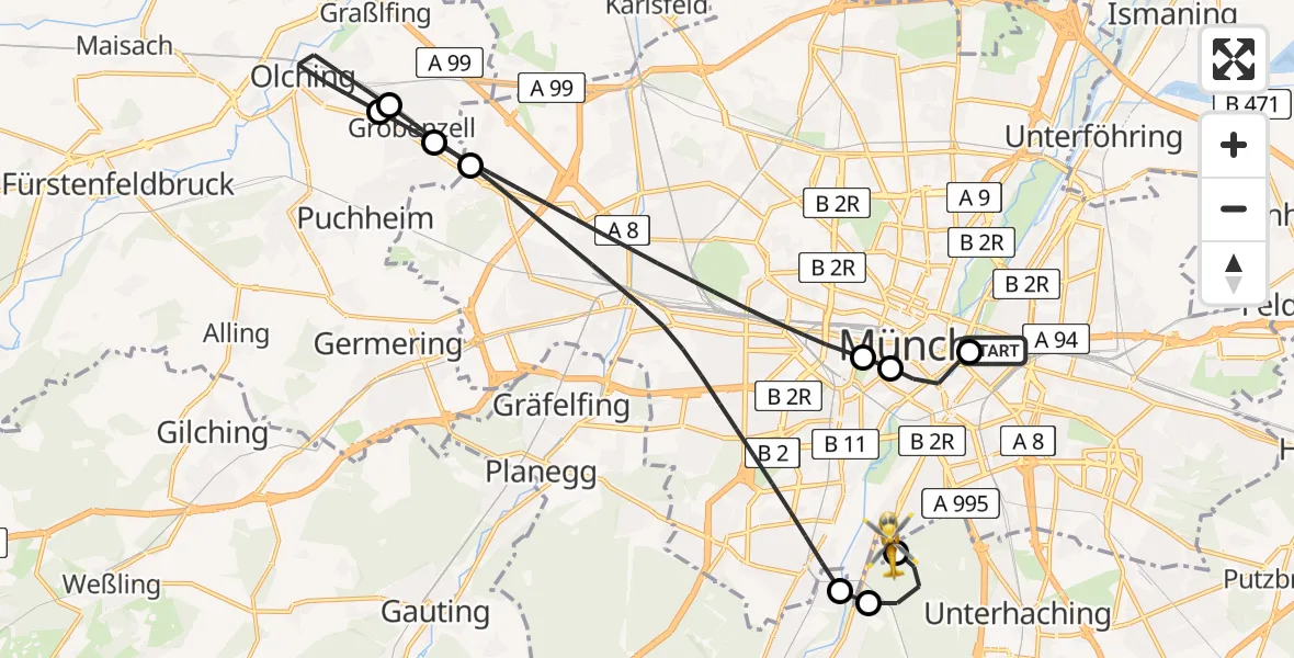 Flugroute Rettungshubschrauber Rechts der Isar University Hospital - ADAC Air Rescue Center Hubschrauberlandeplatz (Christoph 1), 07 Juni 2026, 19:14