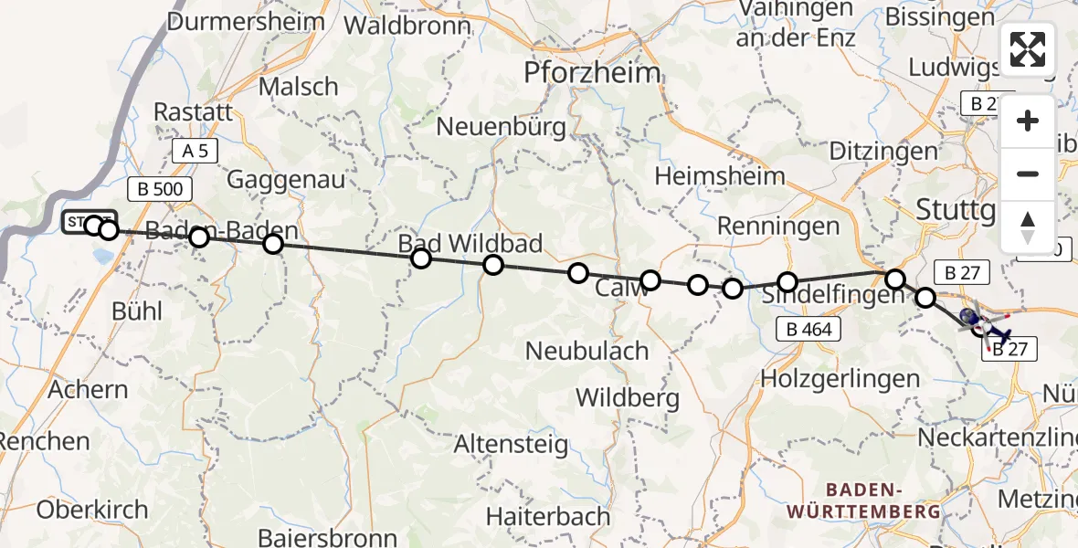 Flugroute Polizeihubschrauber Karlsruhe Baden-Baden Flughafen - Flughafen Stuttgart, 07 Juni 2026, 19:22