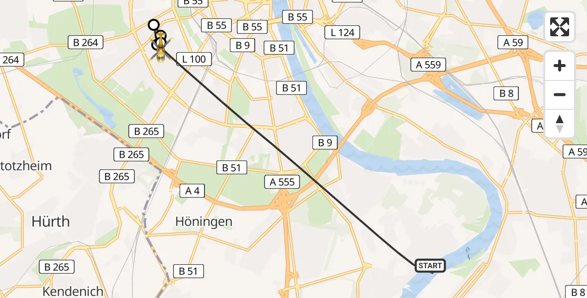 Flugroute Rettungshubschrauber Köln - Köln University Hospital, 07 Juni 2026, 19:22