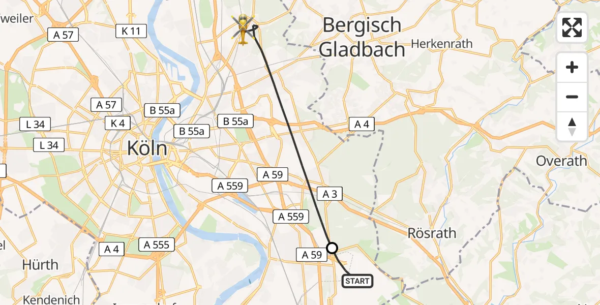 Flugroute Rettungshubschrauber Köln Bonn Flughafen - Köln, 07 Juni 2026, 19:25