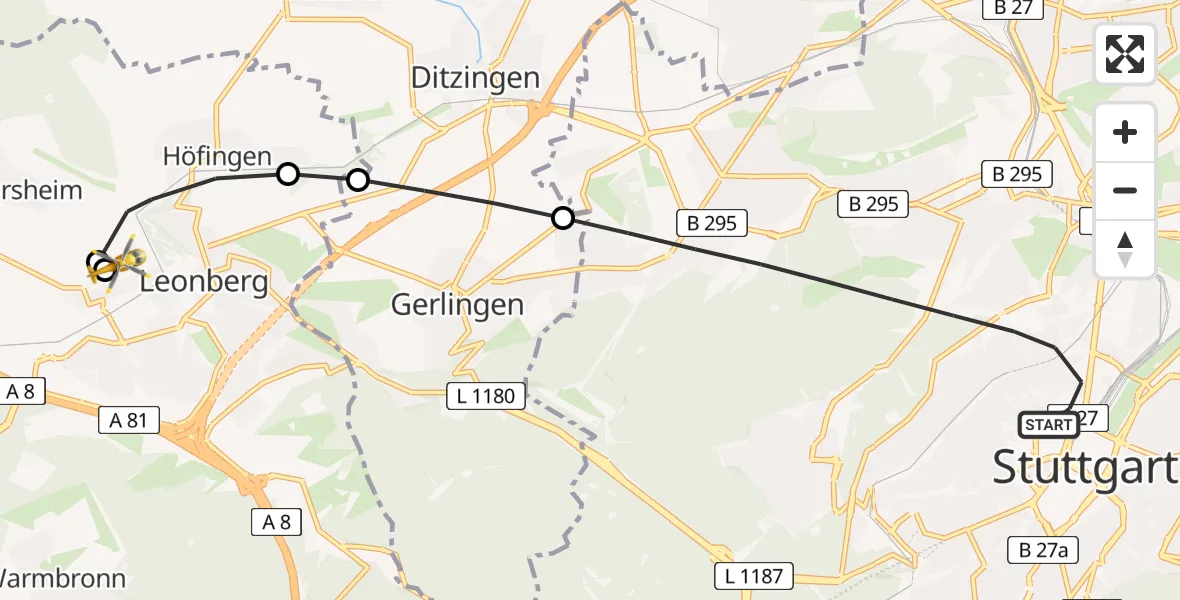 Flugroute Rettungshubschrauber Stuttgart - Leonberg Hospital, 07 Juni 2026, 19:29