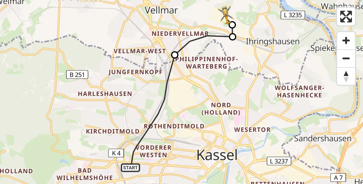 Flugroute Rettungshubschrauber Kassel - Fuldatal Bundespolizei Hubschrauberlandeplatz, 07 Juni 2026, 19:29