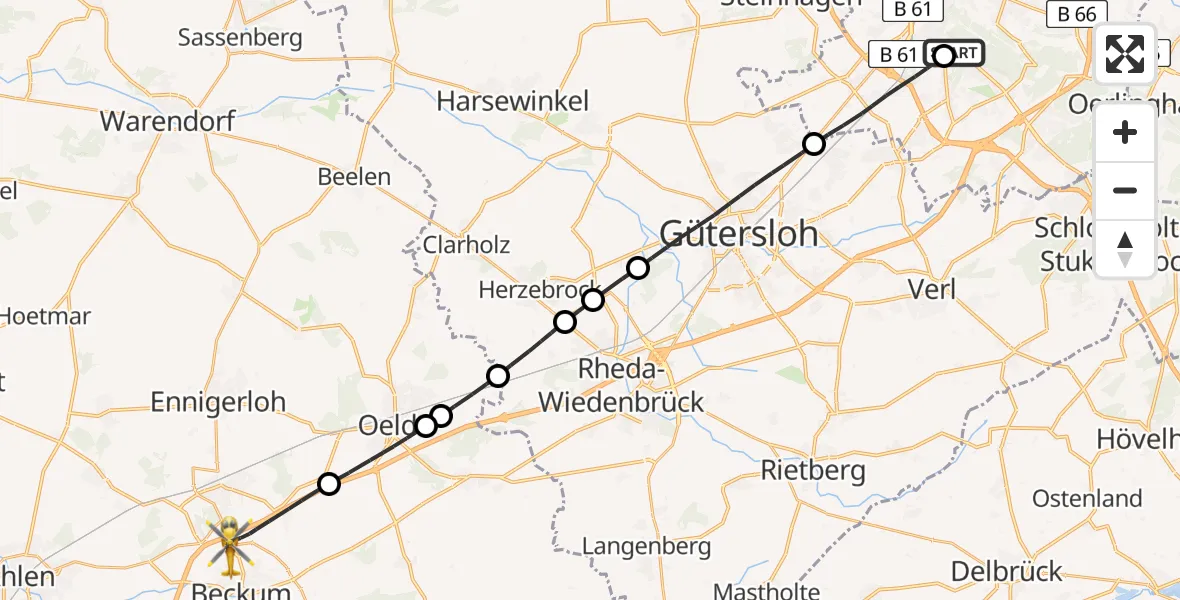 Flugroute Rettungshubschrauber Luftrettungszentrum Bielefeld - Beckum, 07 Juni 2026, 19:37
