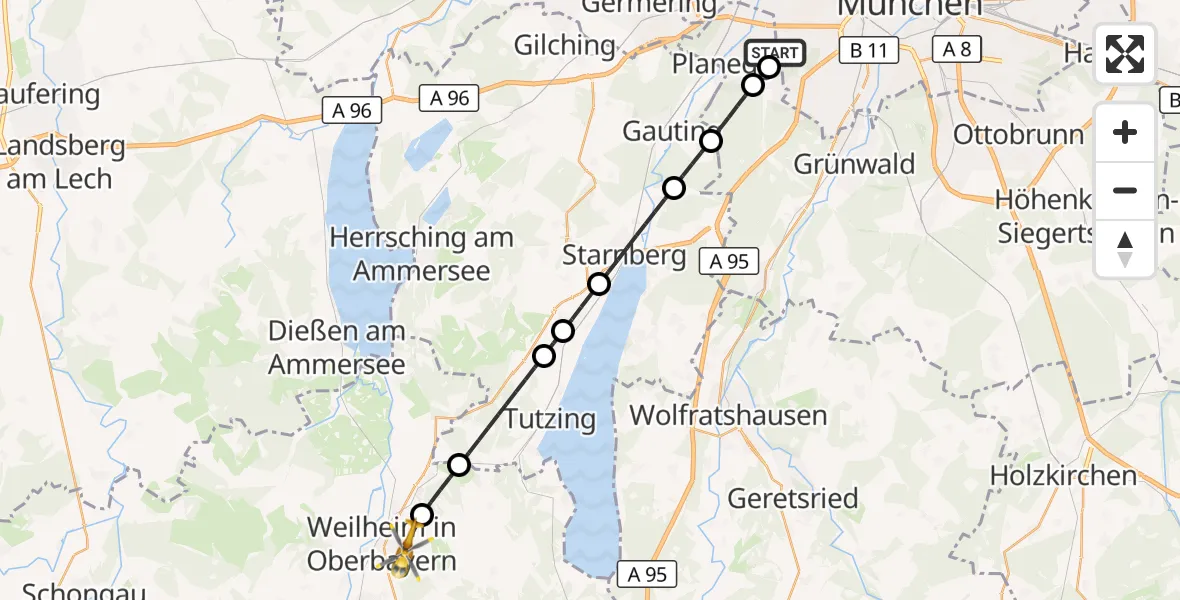 Flugroute Rettungshubschrauber DRF Air Rescue München Hubschrauberlandeplatz - Weilheim i.OB, 07 Juni 2026, 19:38