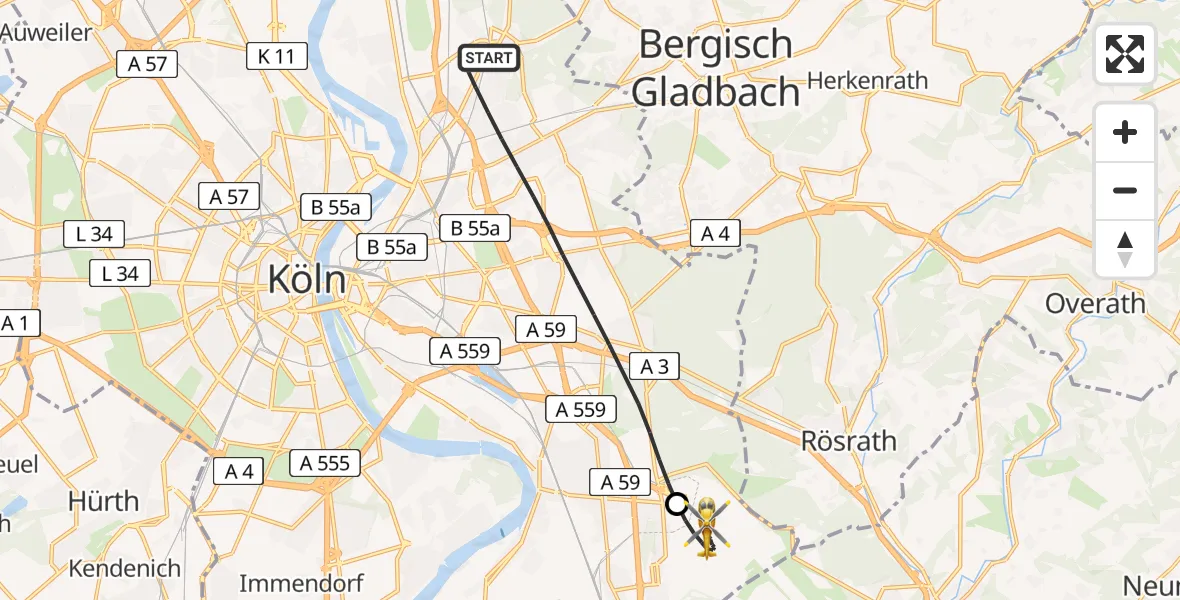 Flugroute Rettungshubschrauber Köln - Köln Bonn Flughafen, 07 Juni 2026, 19:40