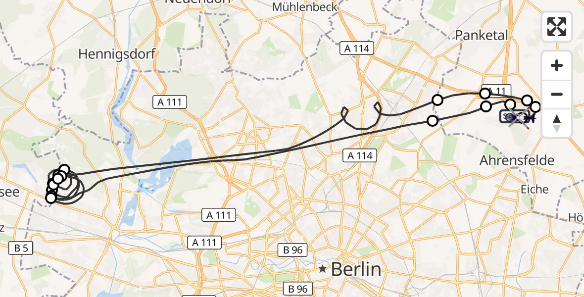 Flugroute Polizeihubschrauber Ahrensfelde Hubschrauberlandeplatz - Ahrensfelde Hubschrauberlandeplatz, 07 Juni 2026, 19:57
