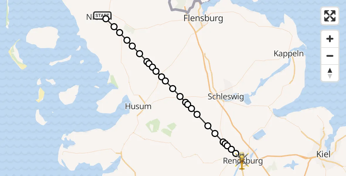Flugroute Rettungshubschrauber Niebüll - Rendsburg, 07 Juni 2026, 20:17