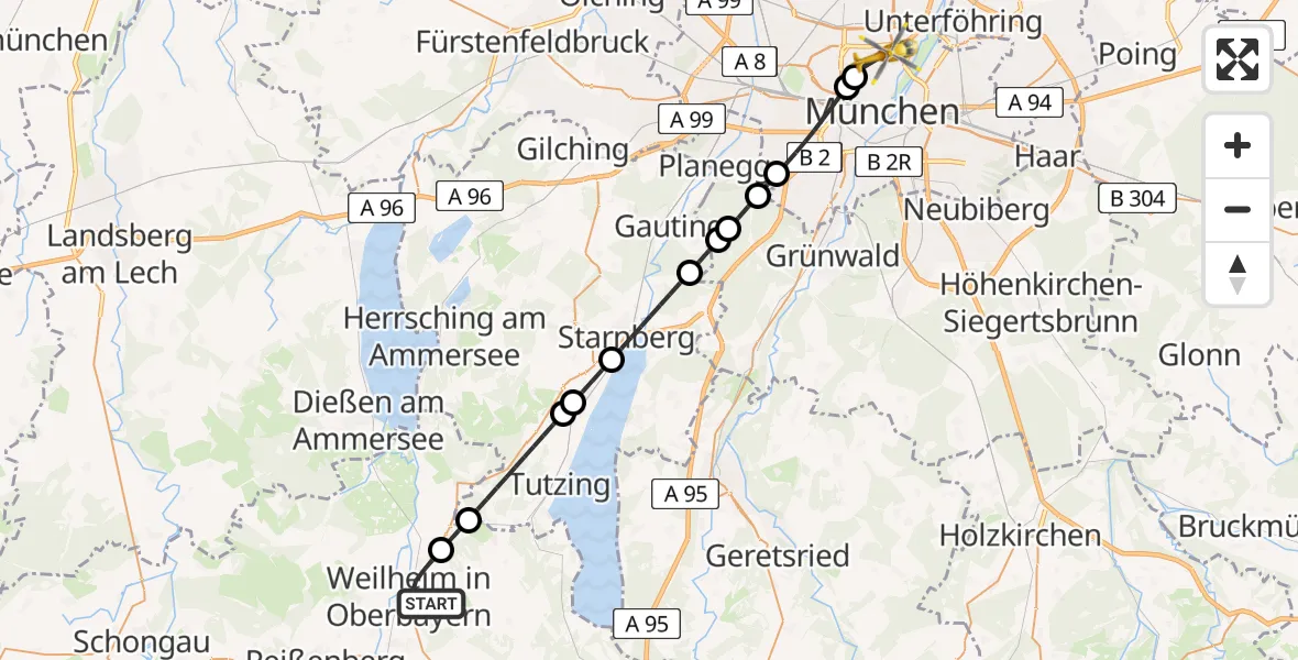 Flugroute Rettungshubschrauber Weilheim i.OB - München, 07 Juni 2026, 20:17
