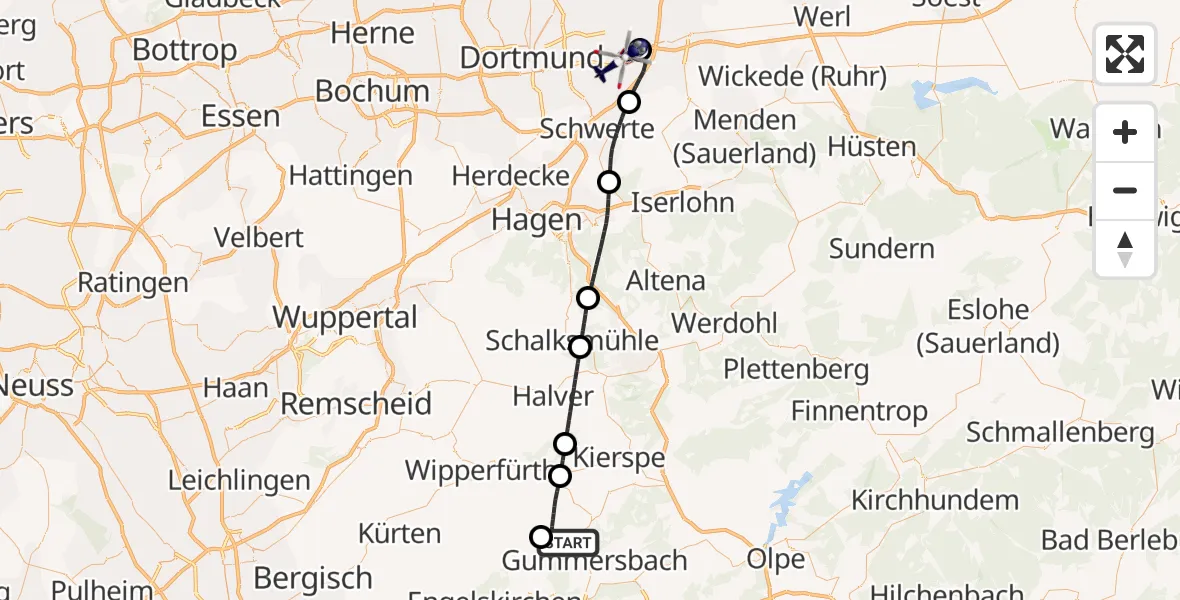 Flugroute Polizeihubschrauber Gummersbach - Dortmund Flughafen, 07 Juni 2026, 20:28