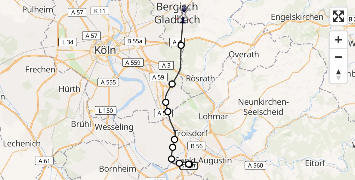 Flugroute Polizeihubschrauber Sankt Augustin - Bergisch Gladbach, 07 Juni 2026, 20:41