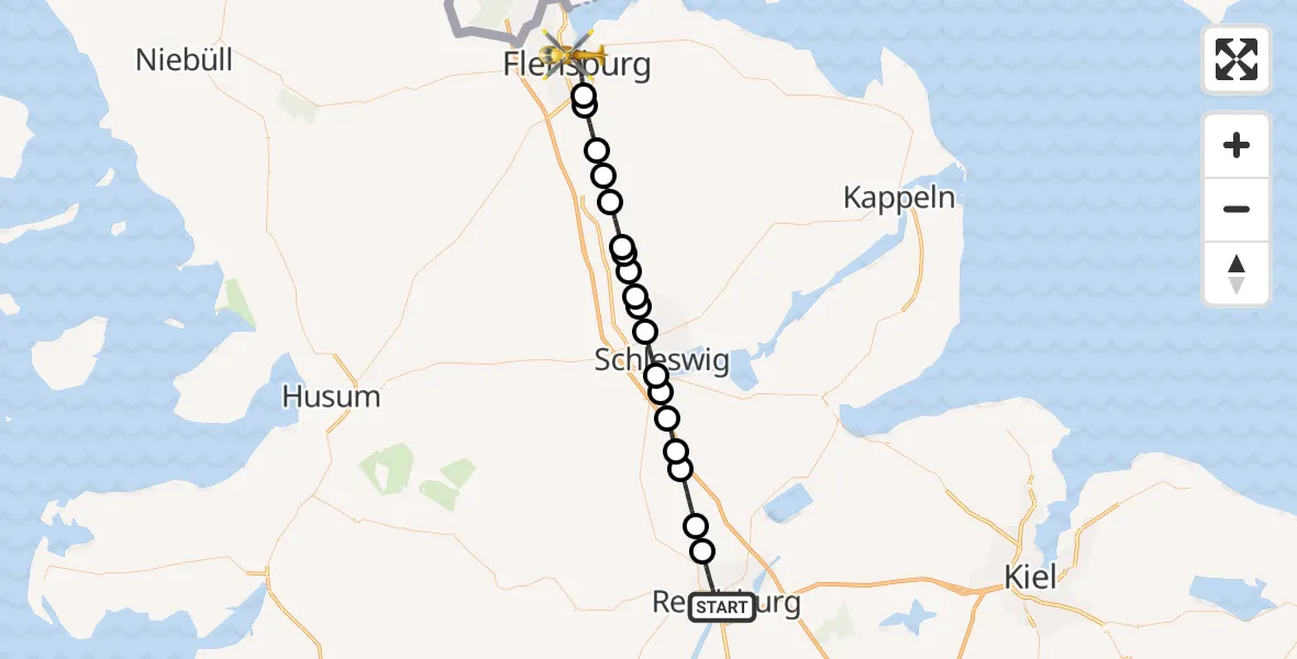 Flugroute Rettungshubschrauber Rendsburg - Flensburg, 07 Juni 2026, 21:23