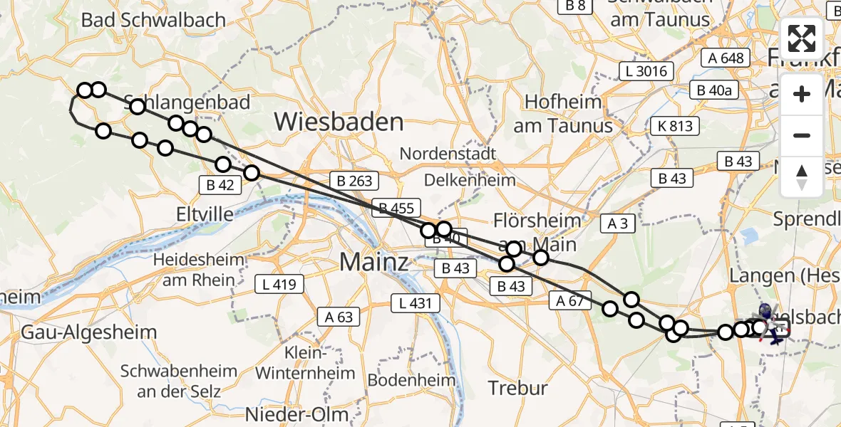 Flugroute Polizeihubschrauber Flughafen Frankfurt-Egelsbach - Flughafen Frankfurt-Egelsbach, 07 Juni 2026, 22:25