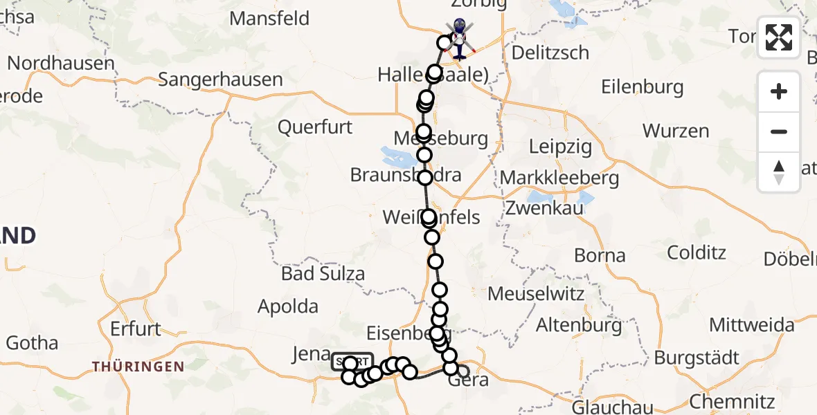 Flugroute Polizeihubschrauber Jena-Schöngleina Flugplatz - Halle-Oppin Flugplatz, 07 Juni 2026, 22:42