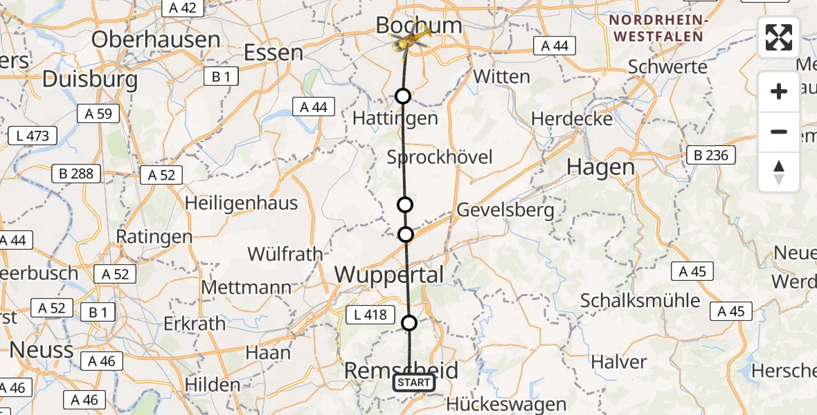 Flugroute Ambulanzhubschrauber Remscheid - Bochum, 07 Juni 2026, 22:46
