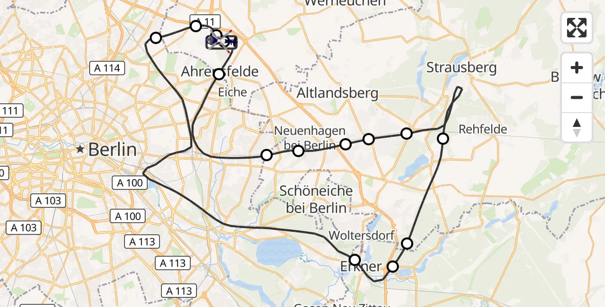 Flugroute Polizeihubschrauber Ahrensfelde Hubschrauberlandeplatz - Ahrensfelde Hubschrauberlandeplatz, 07 Juni 2026, 23:55