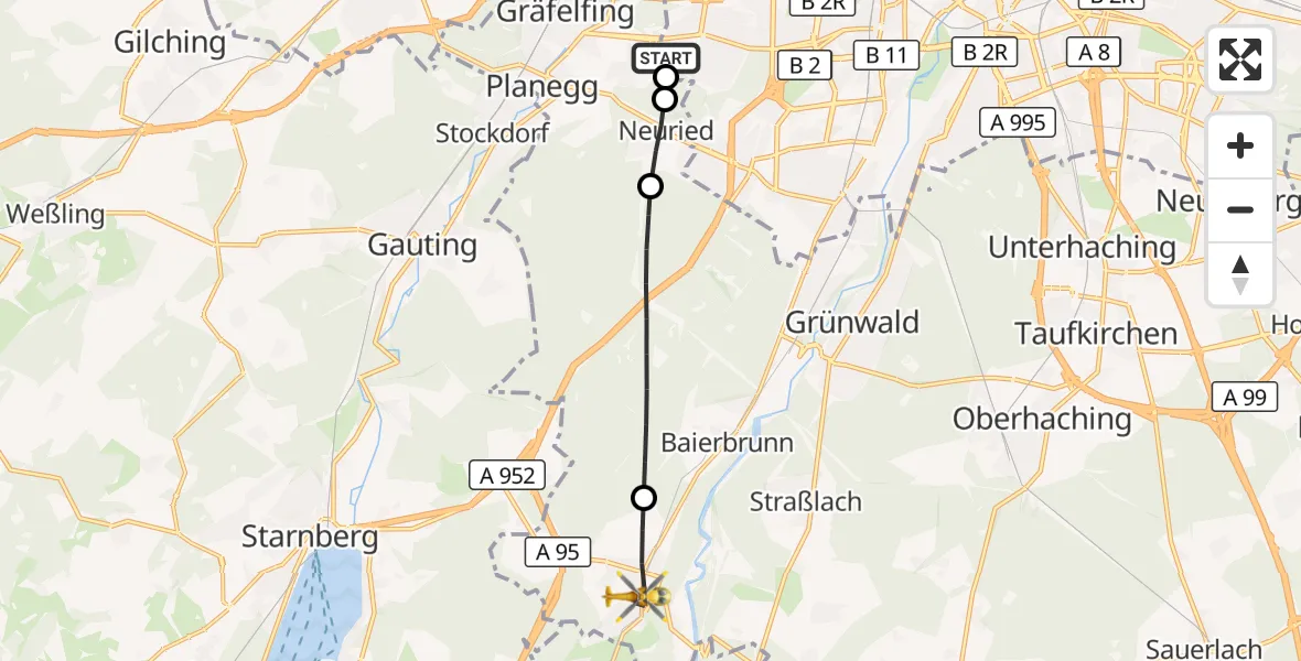 Flugroute Rettungshubschrauber DRF Air Rescue München Hubschrauberlandeplatz - Schäftlarn, 08 Juni 2026, 00:02