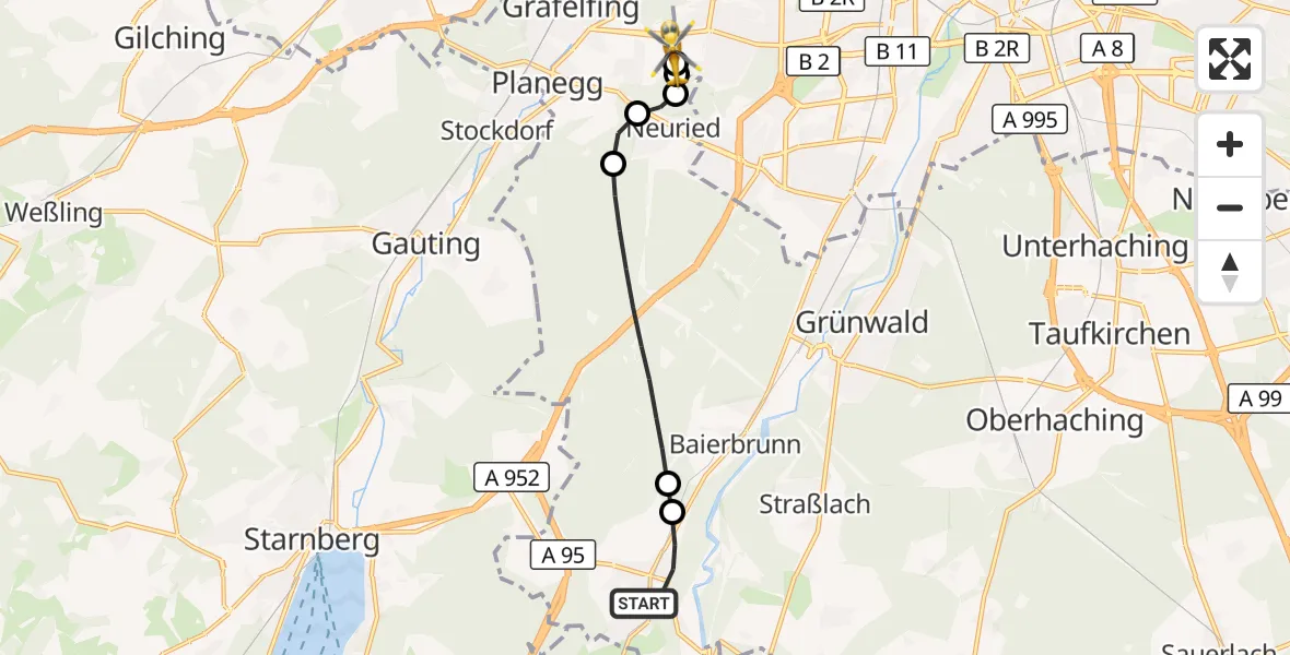 Flugroute Rettungshubschrauber Schäftlarn - DRF Air Rescue München Hubschrauberlandeplatz, 08 Juni 2026, 00:47
