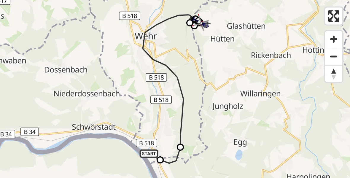 Flugroute Polizeihubschrauber Wehr - Hütten Segelflugplatz, 08 Juni 2026, 02:20