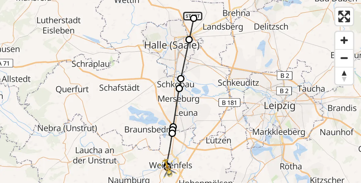Flugroute Rettungshubschrauber Halle-Oppin Flugplatz - Asklepios Clinic Weißenfels, 08 Juni 2026, 03:08