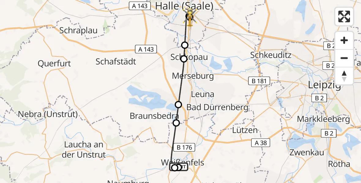 Flugroute Rettungshubschrauber Asklepios Clinic Weißenfels - BG Hospital Bergmannstrost Halle, 08 Juni 2026, 03:53