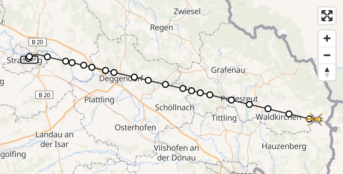 Flugroute Rettungshubschrauber Sankt Elisabeth Hospital Straubing - Neureichenau, 08 Juni 2026, 04:38