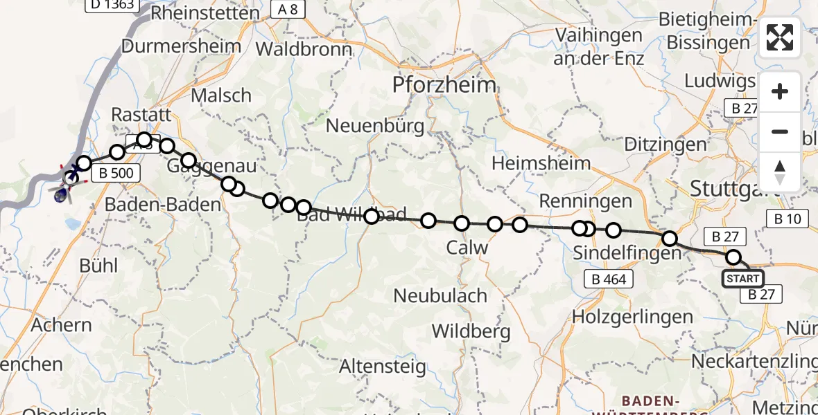 Flugroute Polizeihubschrauber Flughafen Stuttgart - Karlsruhe Baden-Baden Flughafen, 08 Juni 2026, 04:42