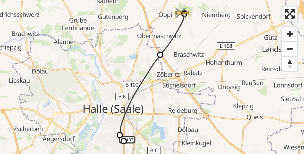 Flugroute Rettungshubschrauber BG Hospital Bergmannstrost Halle - Halle-Oppin Flugplatz, 08 Juni 2026, 04:54