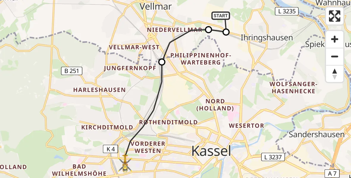 Flugroute Rettungshubschrauber Fuldatal Bundespolizei Hubschrauberlandeplatz - Kassel, 08 Juni 2026, 05:03