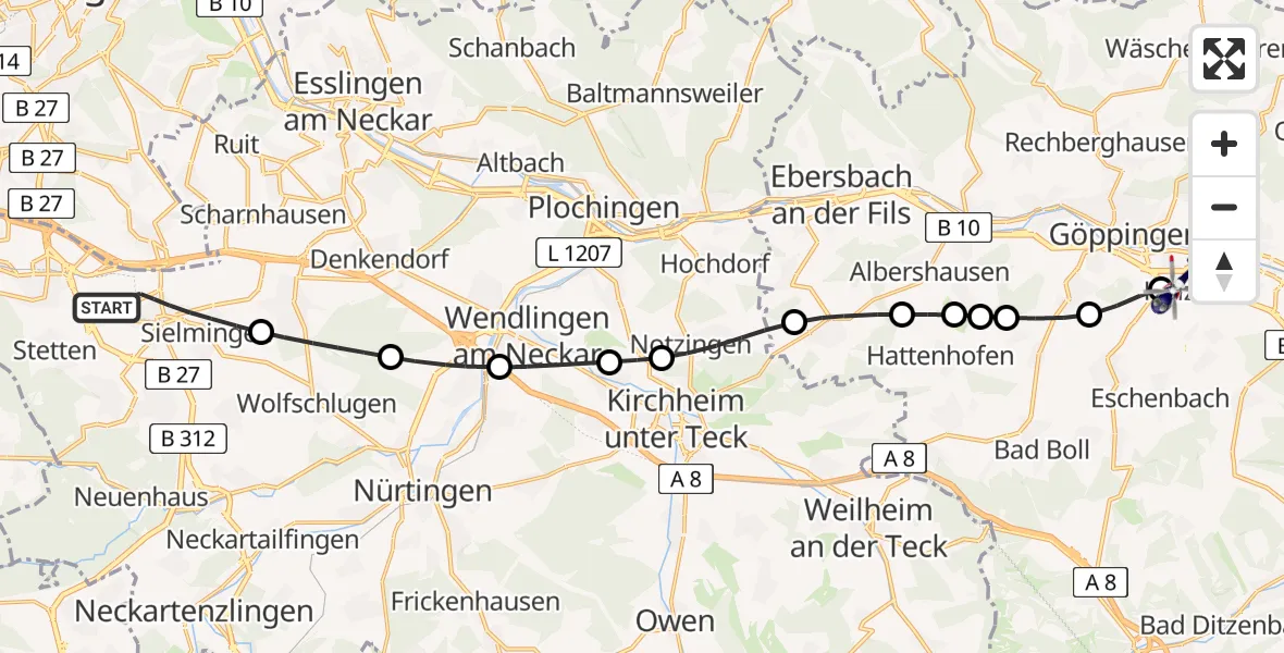 Flugroute Polizeihubschrauber Flughafen Stuttgart - Göppingen, 08 Juni 2026, 05:05