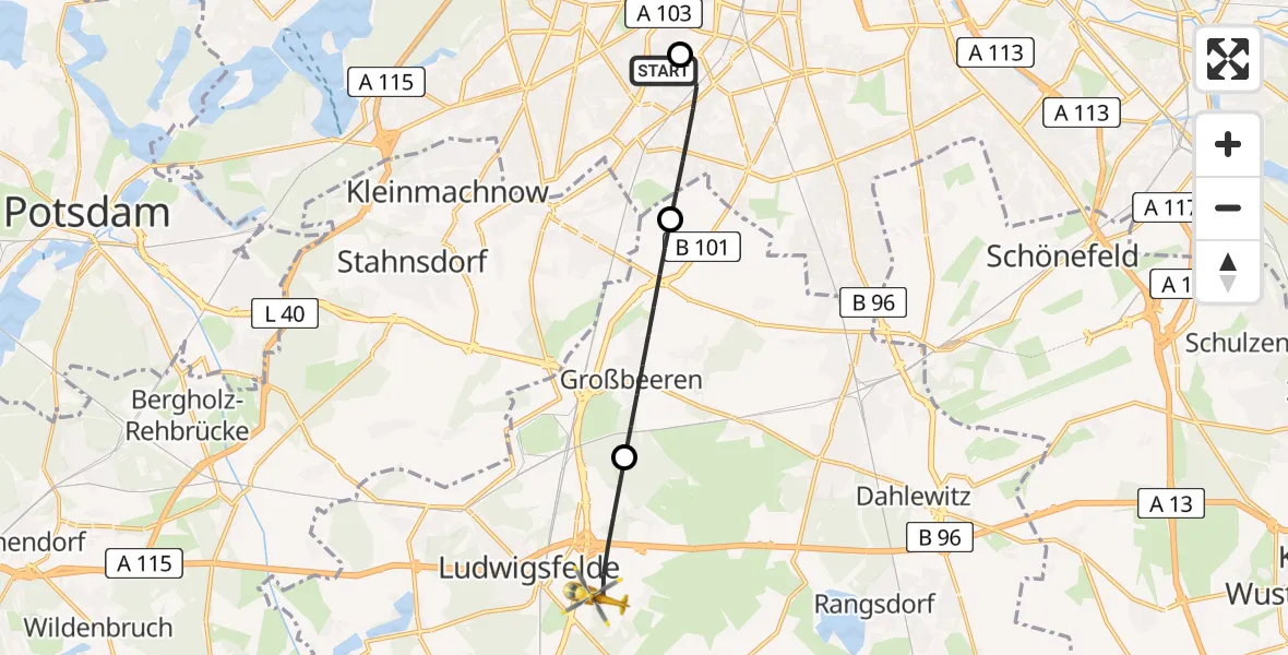 Flugroute Rettungshubschrauber Charité Clinic Benjamin Franklin Campus - Ludwigsfelde, 08 Juni 2026, 05:15