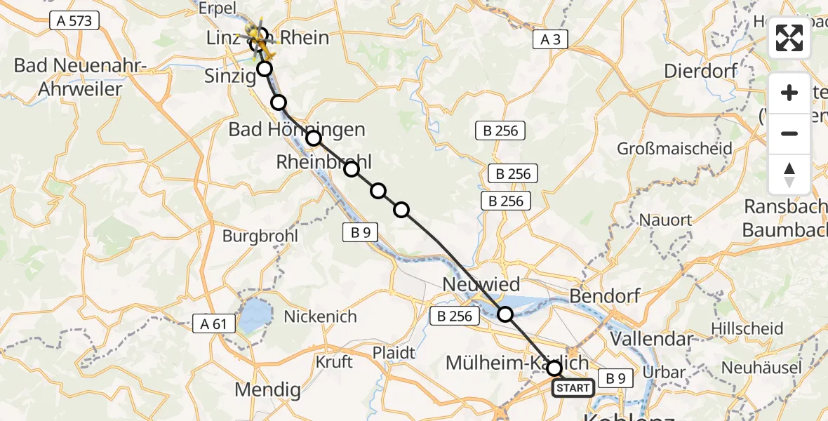 Flugroute Rettungshubschrauber Koblenz - Remagen, 08 Juni 2026, 05:19