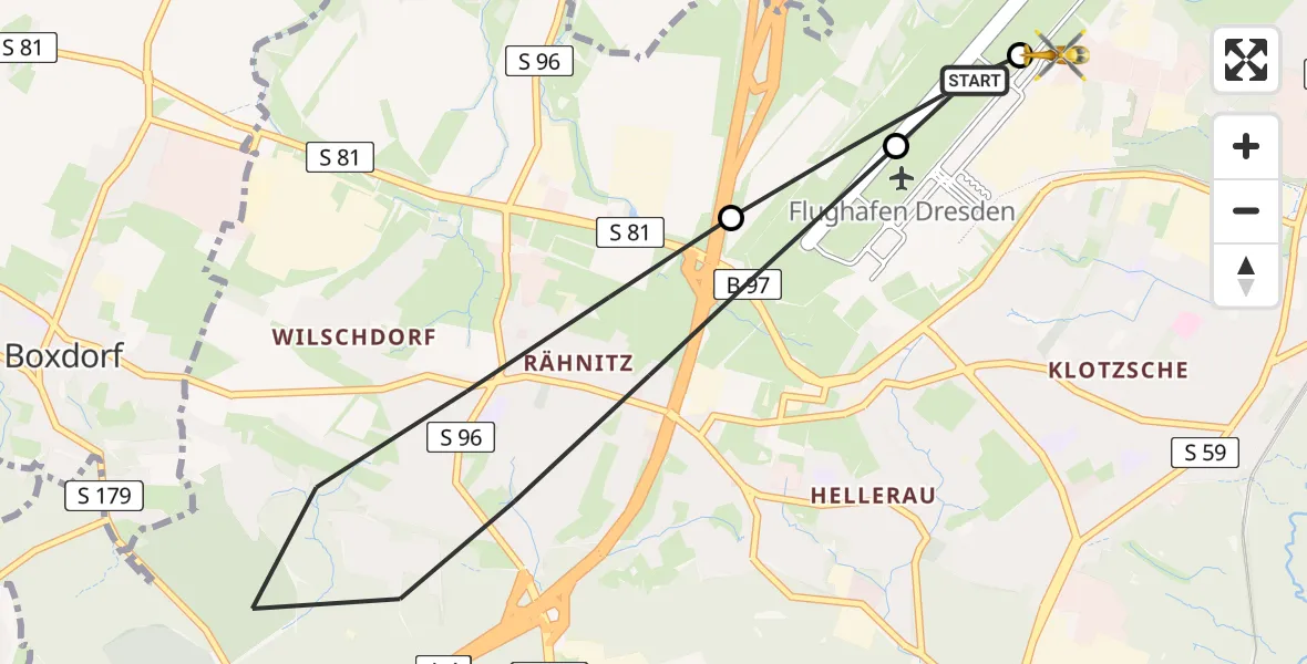 Flugroute Rettungshubschrauber Dresden Flughafen - Dresden Bundespolizei Hubschrauberlandeplatz, 08 Juni 2026, 05:24