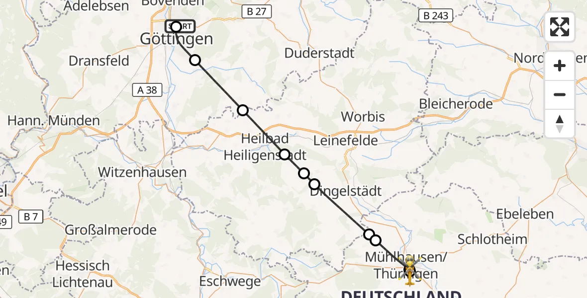 Flugroute Rettungshubschrauber Göttingen University Clinic Hubschrauberlandeplatz - Hufeland Hospital, 08 Juni 2026, 05:25