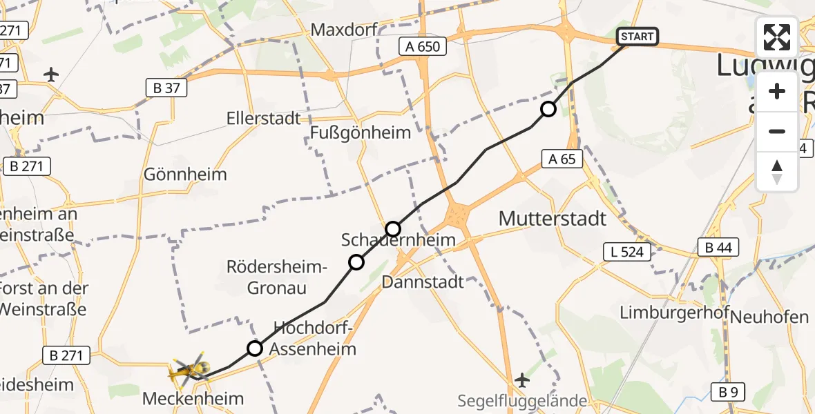 Flugroute Rettungshubschrauber Ludwigshafen am Rhein - Meckenheim, 08 Juni 2026, 05:33