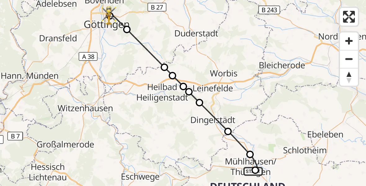 Flugroute Rettungshubschrauber Hufeland Hospital - Göttingen University Clinic Hubschrauberlandeplatz, 08 Juni 2026, 05:52