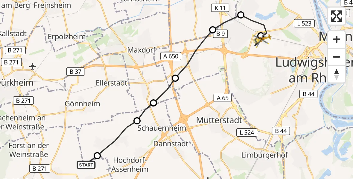 Flugroute Rettungshubschrauber Meckenheim - Ludwigshafen Accident Hospital, 08 Juni 2026, 06:06