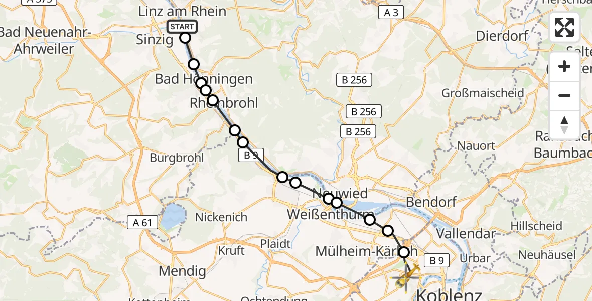 Flugroute Rettungshubschrauber Dattenberg - Koblenz, 08 Juni 2026, 06:10