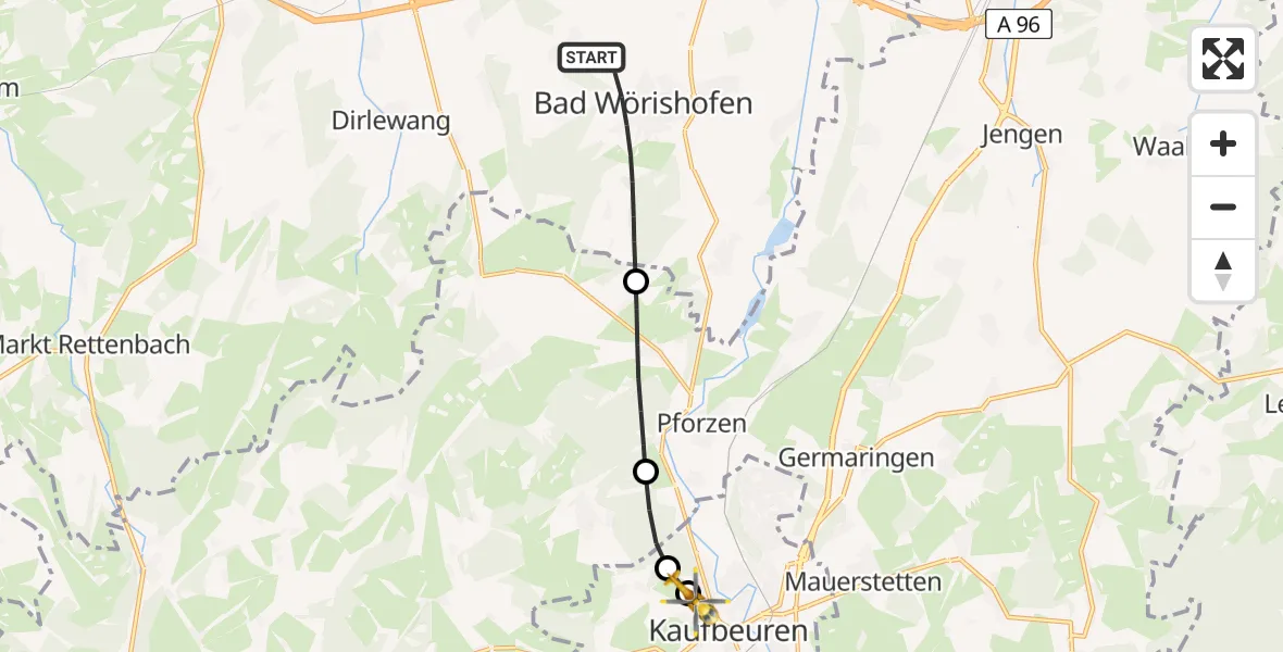 Flugroute Rettungshubschrauber Bad Wörishofen - Ostallgäu-Kaufbeuren Hospital, 08 Juni 2026, 06:11