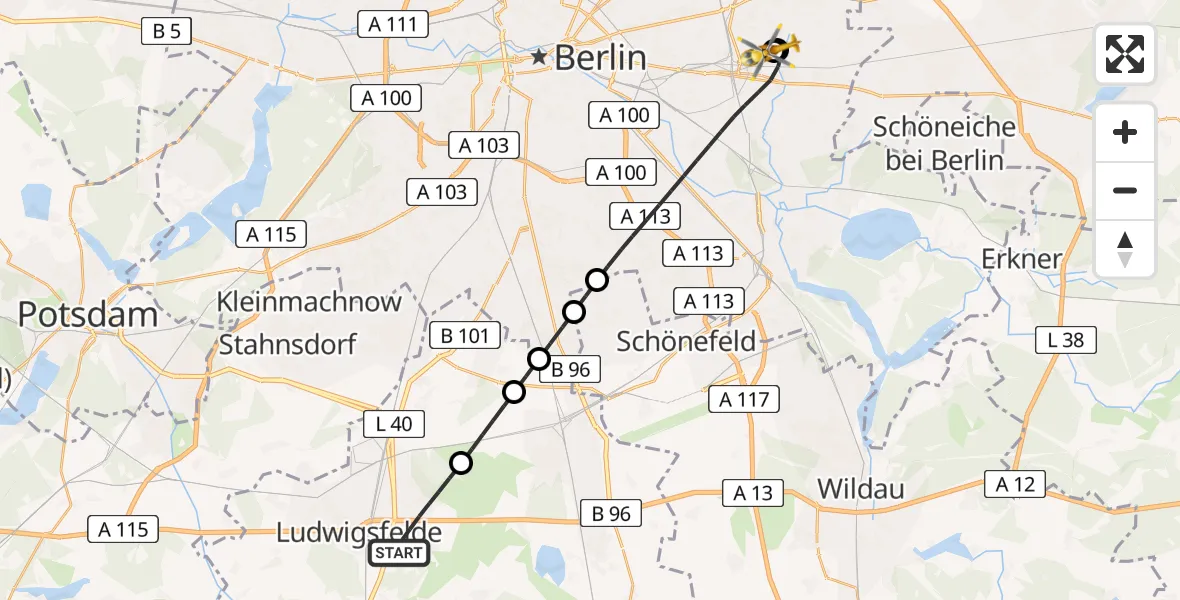 Flugroute Rettungshubschrauber Ludwigsfelde - Berlin Emergency Hospital, 08 Juni 2026, 06:11