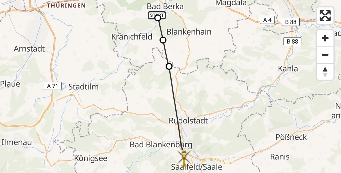 Flugroute Ambulanzhubschrauber Bad Berka Central Hospital - Saalfeld/Saale, 08 Juni 2026, 06:13
