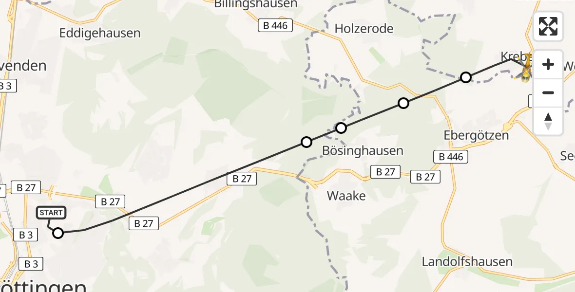 Flugroute Rettungshubschrauber Göttingen University Clinic Hubschrauberlandeplatz - Krebeck, 08 Juni 2026, 07:01