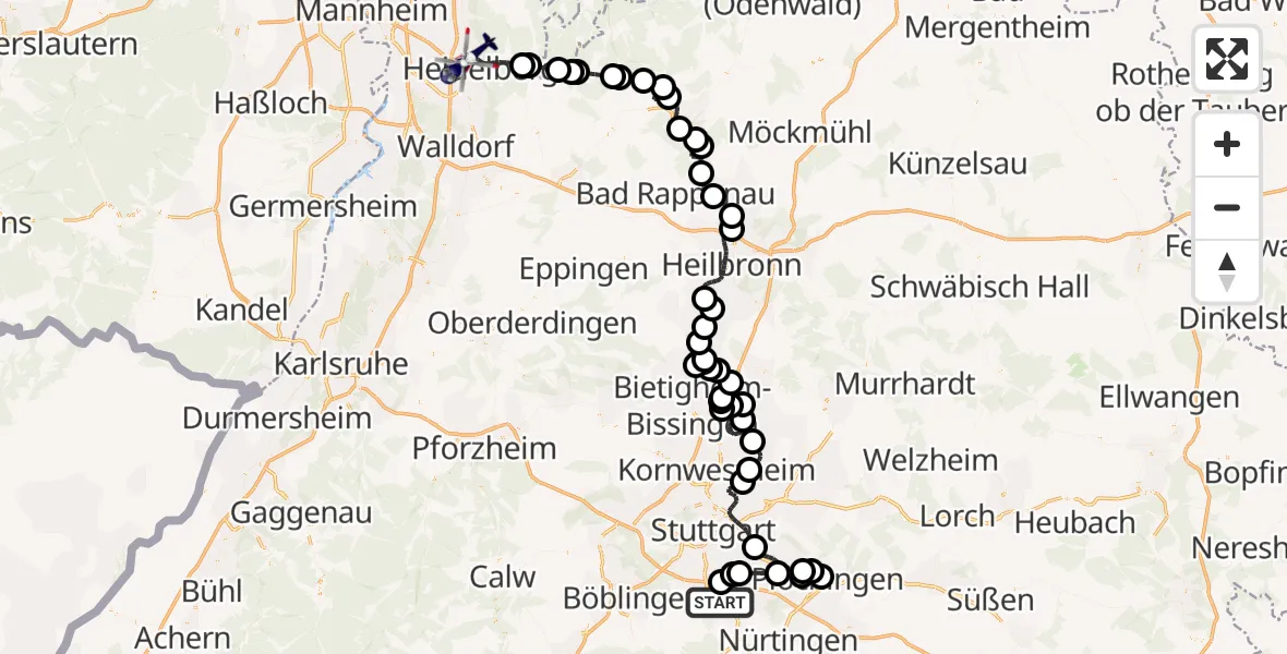 Flugroute Polizeihubschrauber Flughafen Stuttgart - Heidelberg, 08 Juni 2026, 07:07