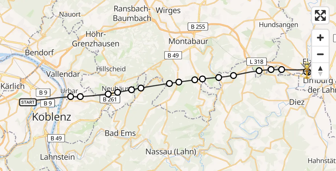 Flugroute Rettungshubschrauber Koblenz - Elz, 08 Juni 2026, 07:26