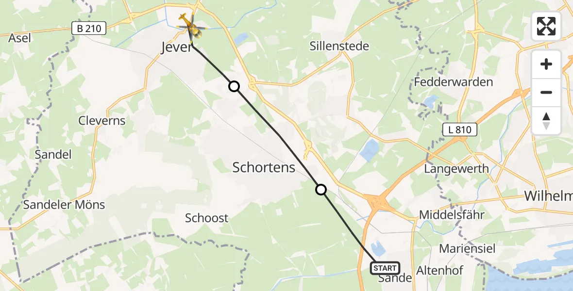 Flugroute Rettungshubschrauber Sande - Jever, 08 Juni 2026, 07:28