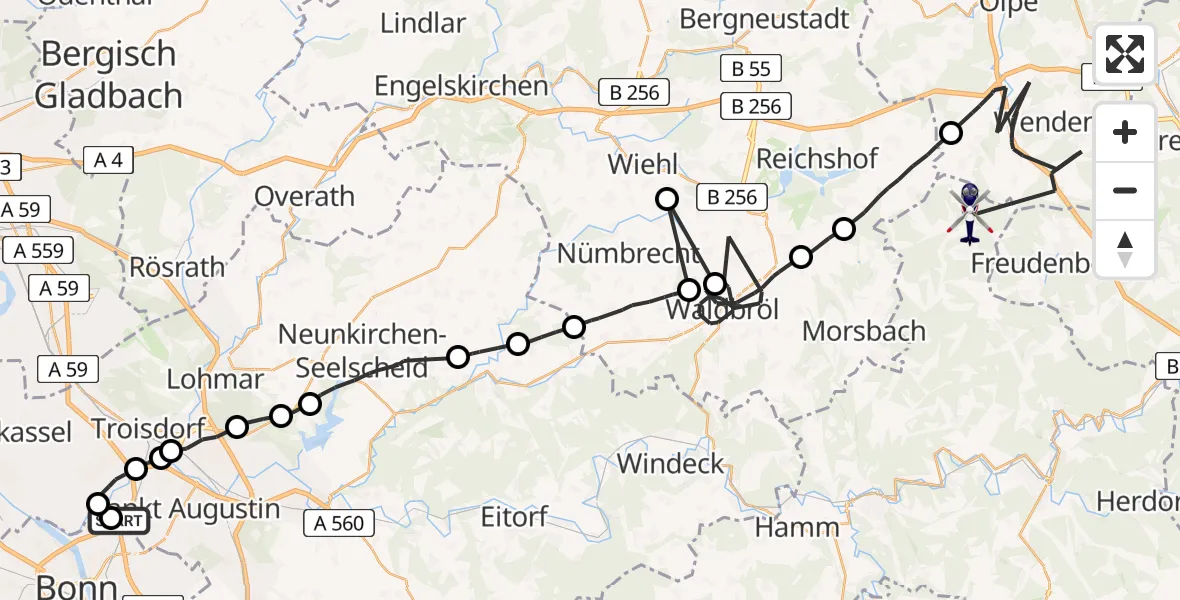 Flugroute Polizeihubschrauber Sankt Augustin - Friesenhagen, 08 Juni 2026, 07:33