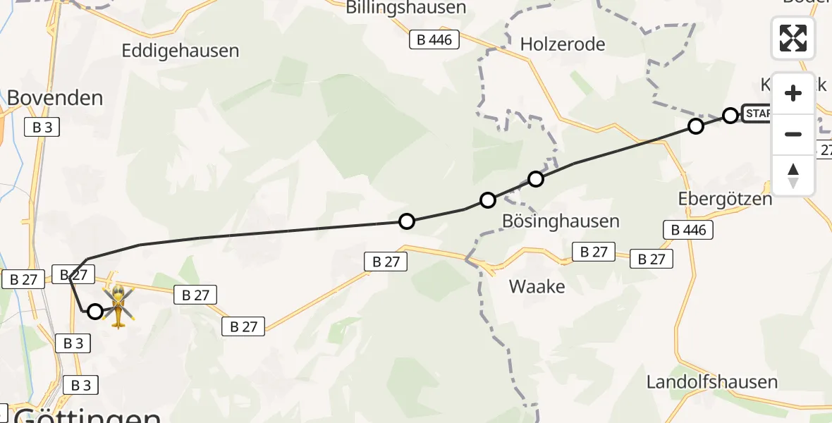 Flugroute Rettungshubschrauber Ebergötzen - Göttingen University Clinic Hubschrauberlandeplatz, 08 Juni 2026, 07:40