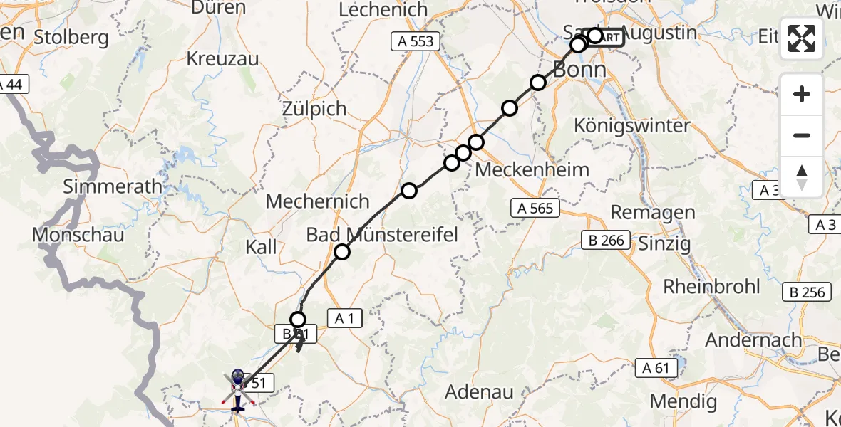 Flugroute Polizeihubschrauber Sankt Augustin - Dahlem, 08 Juni 2026, 07:40